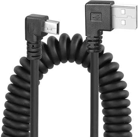 YACSEJAO Mini cable USB en espiral, USB 2.0 a 90 grados Mini B Cable de sincronización de datos y cargador de plomo para impresoras, cámaras, ratón, teléfono móvil (doble a derecha)