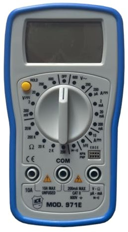 Multimetro digitale 3,5 digit ICE 971E - Funzioni: tensione DC, tensione AC, corrente DC, resistenza, test di continuità, prova diodi e prova transistor hFE