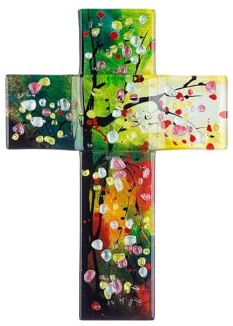 GILDE GlasArt Wandkreuz Baum grün/bunt mit Tropfen H: 34 cm B: 24 cm T: 2 cm 50760