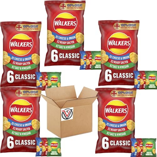 05 x Walkers Classic Variety Multipack Crisps 6x25g - Cheese & Onion, Ready Salted & Salt & Vinega Flavoured Potato Chips | 30 mini Bags