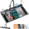 Fregadero de Cocina de Doble Cascada, Fregadero de Acero Inoxidable 304 Negro con Pantalla Digital, Fregadero de Cocina bajo encimera con Accesorios (S : 68 * 46 * 22cm)