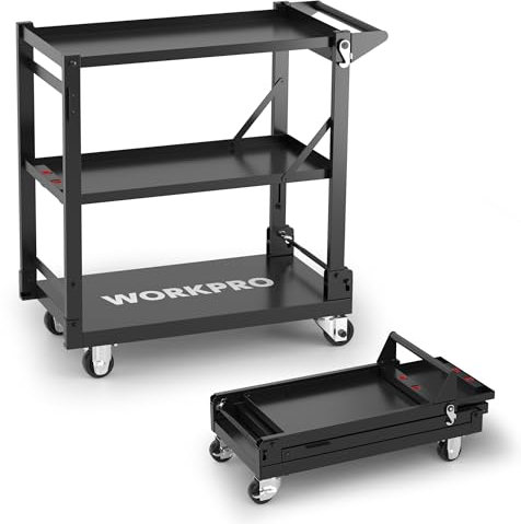 WORKPRO Servierwagen 3-in-1, Klappbarer Wagen 3 Etagen, Rollwagen klappbar, Dienstwagen mit Rädern, für Küche, Hotel, Werkstatt, Kunststudio und Galerie