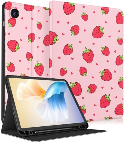 SurgeCraft Funda para Samsung Galaxy Tab A9 Plus/A9+, bonita funda tipo libro para mujeres y niñas, diseño de fresas y niños, bonito diseño kawaii con soporte para lápiz para tablet Galaxy A9 Plus de