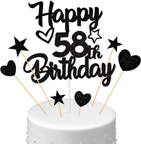 Conruich Tortendeko 58. Geburtstag Mann, Kuchendeko Happy 58th Birthday Schwarz, Glitzer Kuchen Topper 58. Geburtstag Ballons Konfetti Papierfächer für Geburtstagstorte Deko 58 Jahre Frauen Männer