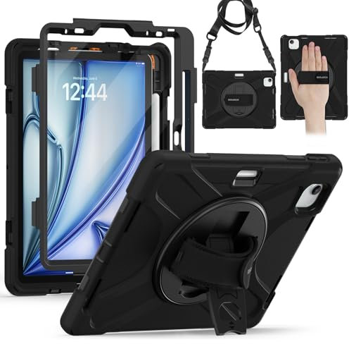 BRAECN para Funda iPad Air 11 Pulgadas 2025 M3/2024 M2, Carcasa Rugosa con Protector de Pantalla, Soporte de Rotación de 360°, Correa de Mano/Hombro, Portalápices, Negro
