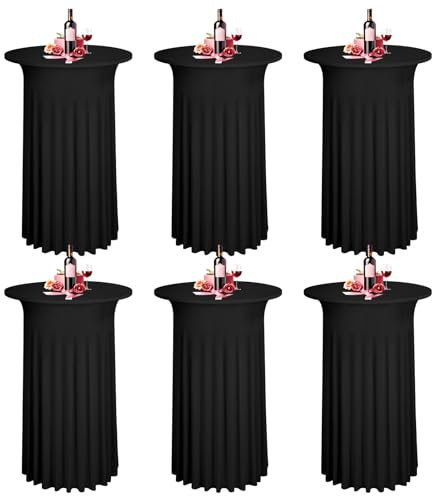 6 Packungen Schwarz Stehtischhussen, 60 x 110 cm, Dehnbare Stehtisch-Tischdecke mit Rock, runder Spandex-Cocktail-Tischrock, Bistrotisch-Stehtisch-Abdeckung, Party für Bankett, Hochzeit, Geburtstag
