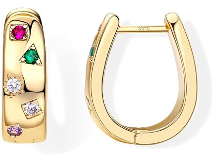 Dochais Ohrringe Creolen Gold für Damen, 14K Vergoldet Hypoallergen Creolen Silber 925, Mittelgroß Bunte Zirkonia Ohrringe für Mädchen