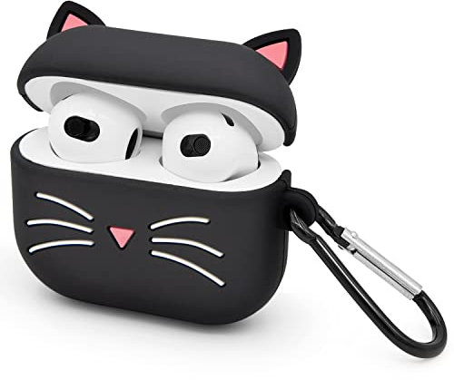 Mouzor Niedliche Airpods 3 Hülle, Schwarze Whisker Katzen AirPods 3 Generation Hülle 2021, lustige 3D Cartoon Tier Hülle, weiche, stoßfeste Ladehülle aus Silikon mit Karabiner