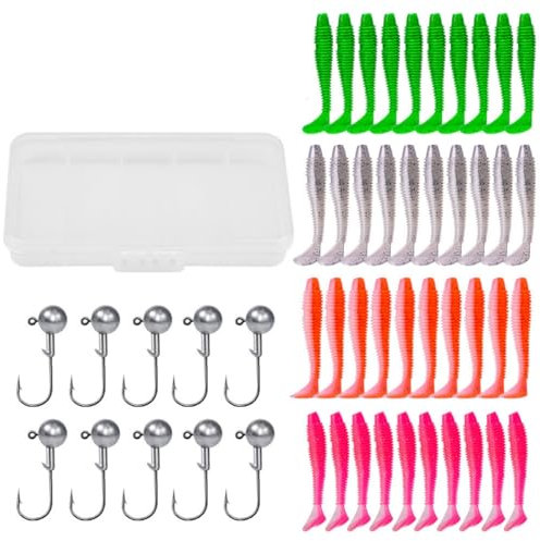 Soft Fishing Lures, 40 Pieces 2.36in Fishing Soft Plastic Lures and 10 Pieces 3.5G Lead Head Jig Hook for Freshwater Saltwater Fishing Jig Hooks for Bass (A)