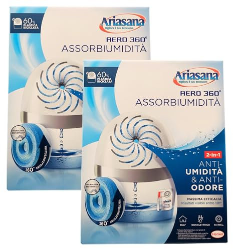2x Aero 360° Kit Deumidificatore, Non Elettrico, Assorbi Umidità Contro Condensa e Muffa. Confezione da 1 Dispositivo e 1 Ricarica TAB Neutra Da 450g (Bianco)