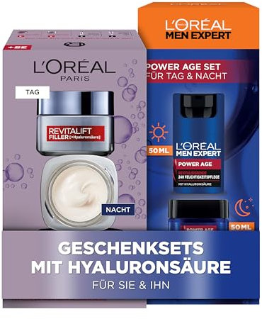 L'Oréal Paris Pflegesets für sie & ihn, Gesichtspflege-Sets mit 2x Gesichtscreme und 2x Nachtcreme, Anti-Aging Geschenke mit Hyaluronsäure für Damen und Herren, Revitalift Filler, Power Age, 4-teilig
