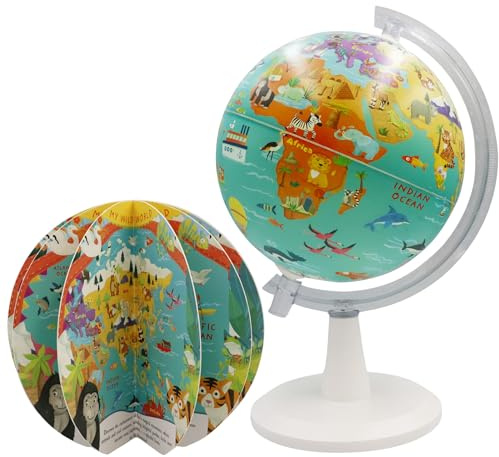 EXERZ 20 cm Globus mit Buch „Meine wilde Welt“ 16 Seiten. Drehen, Spinnen, Spielen, Lesen, Entdecken von Tieren auf der Erde