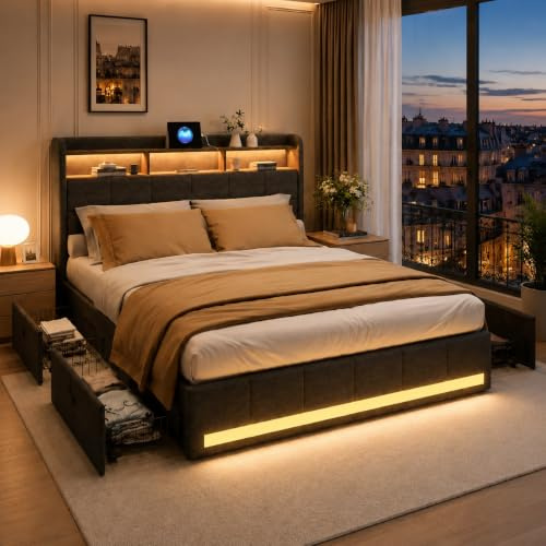LIVLUX Polsterbett 140x200 mit Stauraum,Jugendbett mit LED und USB Ladefunktion,Doppelbett mit Lattenrost und 4 Schubladen, Kopfteil mit Aufbewahrung,Leinen (Grau, 140 x 200 cm)