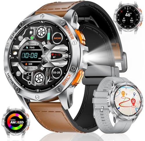 GPS Smartwatch Herren mit LED Taschenlampe,1.43‘’Amoled Display,Fitnessuhr mit 530 mAh Große Batterie,120+ Sport Modi,10ATM Wasserdicht,Herzfrequenz/Schrittzähler/Höhenmesser/Kompass für iOS Android