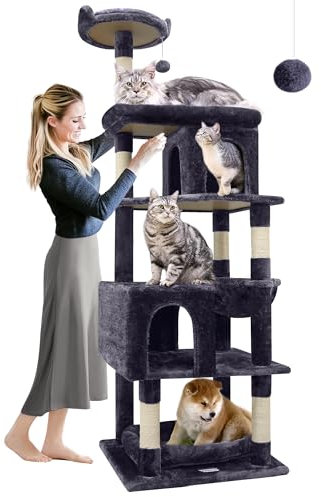 Globlazer Kratzbaum Groß, Katzenbaum für Große Katzen 183 cm hoch mit 2 Katzenhaus, Gepolsterte Plattform, Sitzstangen, Korb, Hundebett, Katzenturm Stabil für Maine Coon bkh Katzen (S72, Dunkelgrau)