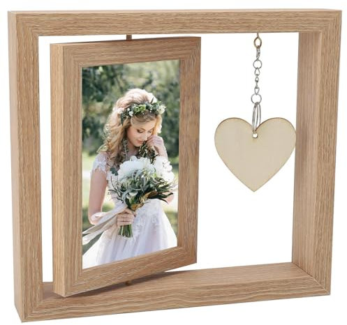 UOCAI Cadre photo en bois - 10 x 15 cm - Personnalisé - Double face - Rotatif - Avec pendentif en forme de cœur - Cadeau d'anniversaire