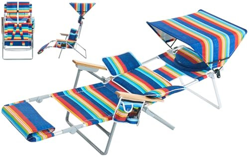 Strandliege mit Rucksackfunktion, 4-in-1 Strandliegestuhl mit Sonnenschutzdach, Sonnenliegen mit Öffnungen für Gesicht und Arme, Lendenkissen, Gartenstuhl mit Armlehnen aus Buchenholz (Regenbogen)