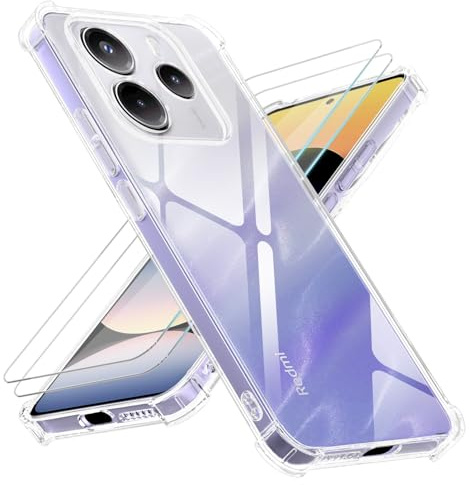 Yohii 3 in 1 Cover per Xiaomi Redmi Note 14 4G (Non per 5G) con 2 Pezzi Vetro Temperato, Trasparente Antiurto Antigraffio Custodia, Ultra Sottile Morbida Silicone TPU Protettiva Case - Trasparente