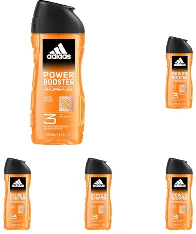 Adidas, Power Booster Gel Doccia Bagnoschiuma 3 in 1 per Corpo, Capelli e Viso, Formula Vegana, 250ml (Confezione da 5)