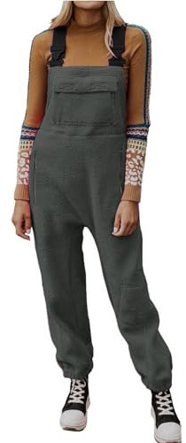 Tuta da donna per casual – Salopette con tasche, pantaloni da lavoro in pile, calda tuta invernale senza maniche, tutina dritta, grigio., L
