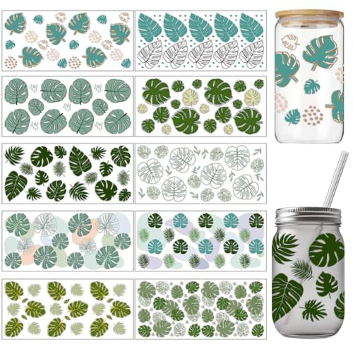 arricraft 10 Stück Bohemian Styles UV DTF Cup Wrap Transferaufkleber 10 Stil Monstera Tropical Leaf Rub On Stickers PVC Cup Wrap Wasserdichte Rub Decals Für 16 OZ Glasbecher 9.4x4.3 Zoll
