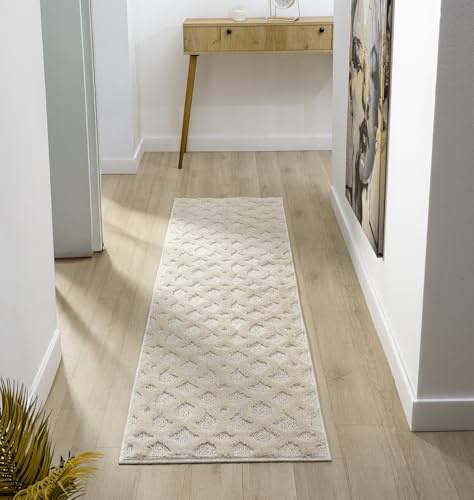 Isabella Scandi Boho Geometric Hallway Runner Rug, Cream, 60x220cm
