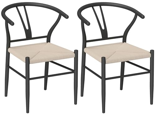 HOMCOM Weave Dining Chairs Set of 2, Mid-Century Modern Metal Kitchen Chairs with Y-Shaped Backrest and Hemp Seat for Dining Room, Living Room, Bedroom, Black