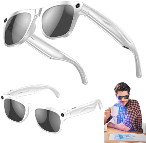 Occhiali intelligenti ai, fotocamera e torcia, 100 MP, pixel ad alta definizione, foto, video, musica, chiamata Bluetooth, traduzione vocale, occhiali sportivi Bluetooth per uomo e donna,White