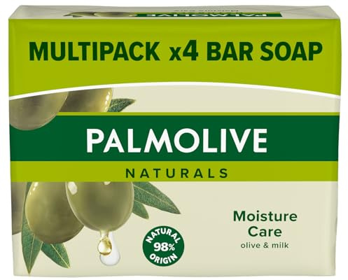 PALMOLIVE 4 Pack Naturals Soap Bar Moisture Care With Olive Milk, Each Pack (90 gram x 4) Vegan, Natural Origin Biodegradable Soap For Body Hands And Face (Pack Of 1 - Total 4 Bars)