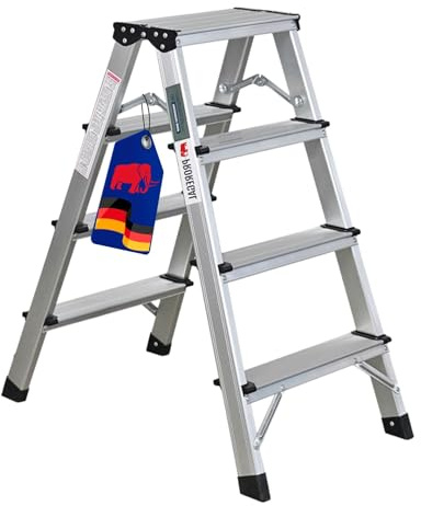 PROREGAL Trittleiter 4 Stufen klappbar Alu Stehleiter Aluleiter beidseitig begehbar bis 150kg belastbar 78x35x69cm Aluminium rutschfest Stufenstehleiter leicht Klapptritt Tritthocker