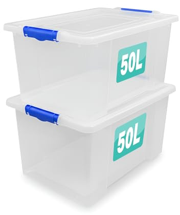 Optimal Products 2 x Storage Boxes With Clip Lock Lids 50 Litre Sturdy Heavy Duty Clear Stackable Lockable Multipurpose Plastic Storage Box Indoor/Outdoor Containers Home,Office,Kitchen,Garage