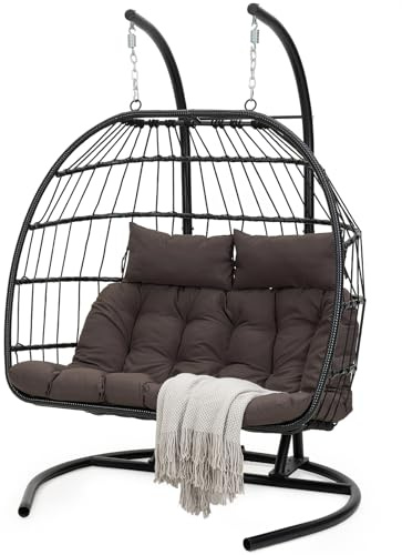 Warmiehomy Double Hanging Egg Chair Foldable 2 Seater Garden Egg Chairs with Stand Indoor Outdoor Swing Chair with Cushion Rattan Hammock Chair With Frame for Patio, Balcony, Living Room, U-Base