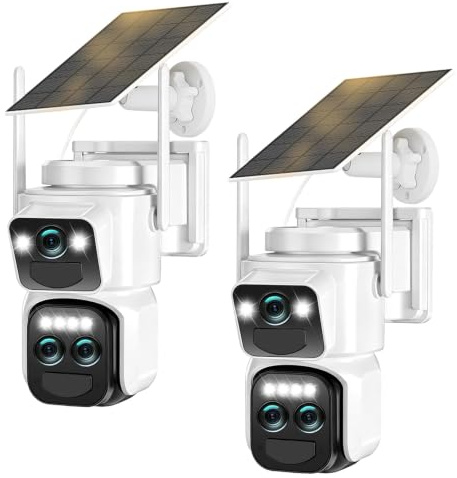 4K Caméra de Surveillance WiFi Exterieure sans Fil,10X Triple Objectif Camera Extérieur Solaire avec Panneau,Vision Vocturne,Alarme,Batterie,Audio Bidirectionnel,Suivi Automatique,IP66,355° PTZ,2 Pack