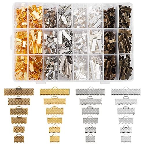 PH PandaHall 680 pcs Mixed Iron Ribbon Ends Sets Bracelet Pinch Crimp Clamps Cord Ends Jewellery Making Findings, Mixed Color,8-25x8x5-8mm, Hole: 1mm