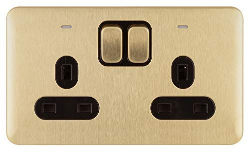 Schneider Electric Lisse Screwless Deco - Switched Double Power Socket, Double Pole, with Neon Indicator, 13A, GGBL3021DBSB, Satin Brass with Black Insert