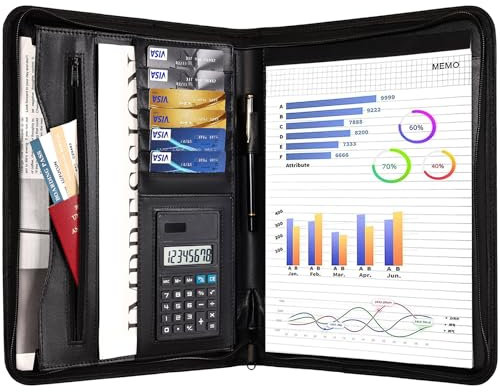 Leathario A4 Konferenzmappe,Schreibmappe A4 mit Reißverschluss, Dokumentenmappe Portfolio Schreibblock für Business,Arbeit und Metting, Schwarz