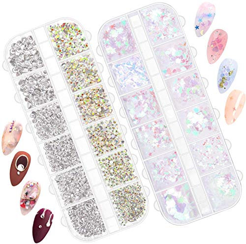 Holographic Nail Sequins with Nail Rhinestones for Nails, Audab Nail Glitter Sequins Nail Decals with Crystals AB Nail Gems Diamonds for Acrylic Nail Art Design and Decorations