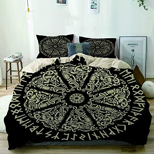 KOSALAER Bettwäsche Set,Alte skandinavische Verzierung, Schild Wikinger und skandinavische Runen, lokalisiert auf schwarzem Design,Bettbezüge Mikrofaser Bettbezug 135 x 200cm und 1 Kissenbezug