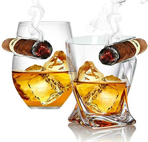 Bezrat Whiskey Glass- Double Old Fashioned Tumbler With Side Mounted Holder Rest - Whiskey Glasses Gift (2pk Twist & Round)