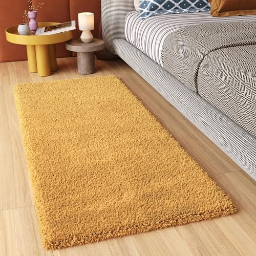 TAPISO Essence Teppich Läufer Flur Brücke Shaggy Hochflor Langflor Senfgelb Gelb Einfarbig Weich Modern Design Korridor Schlafzimmer ÖKOTEX 80 x 300 cm