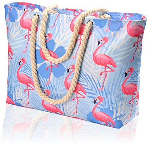 KUAK Sac de plage extra large, imperméable et résistant au sable, avec fermeture éclair, poches intérieures, poignées en corde pour piscine, voyage, vacances, week-end, flamant rose, XL, Sac de voyage