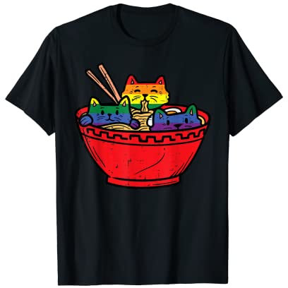 Cats in Ramen Anime Food LGBTQ Rainbow Flag Gay Pride Ally T-Shirt