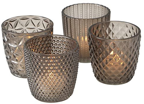 Seaside No.64 - Windlicht-Set 4 teilig aus Glas 7,5 x 7,5cm - Teelichthalter für Romantisches Ambiente - Kerzenständer mit verschiedenen Designs - Retro Kristall Ornamente - (Graubraun, Set)