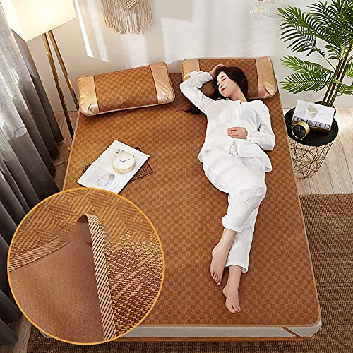 Sommer Kühlschlafmatte, Doppelseitig Klappbare Rattan Eis Seide Matratze mit Kissenbezug für Schlafzimmer Doppelbett,Brown-90 * 190cm