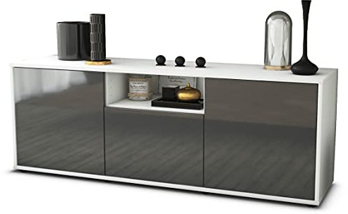 Stil.Zeit TV Schrank Lowboard, Akamu, Korpus Weiss matt, Front Hochglanz Design Graphit, (135x49x35cm), Push to Open Technik & Leichtlaufschienen