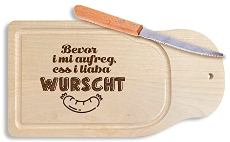 Bavariashop Bread Board Bevor i mi Extreme, ess i Liaba Wurscht Maple Wood Breakfast Board with Knife