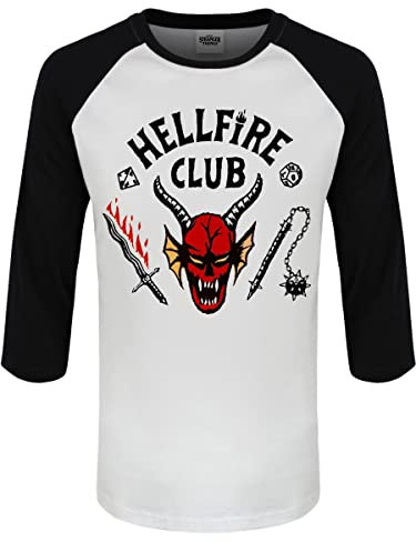 Heroes Inc. Stranger Things - Men's Cotton Tshirt, 3/4 Sleeves, T-Shirt, Baseball, Hellfire Club Logo Print., White and Black, XXL