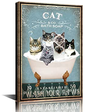 Funny Cat Canvas Wall Art - Framed Cat Gifts for Bathroom Decor - 18 W x 12 H Ready to Hang