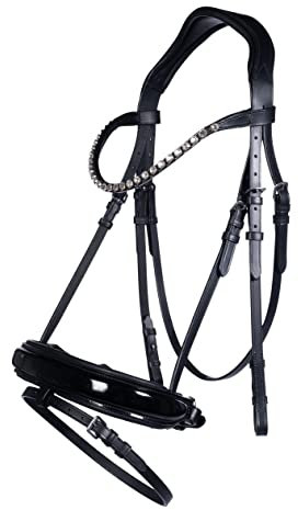 HKM Trense -Fleur- | Englisch kombiniertes Reithalfter | weich abgepolstertes Qualitätsleder, Strassstirnriemen, inkl. Zügel | Farbe schwarz | Größe Pony, Vollblut, Warmblut (Vollblut)