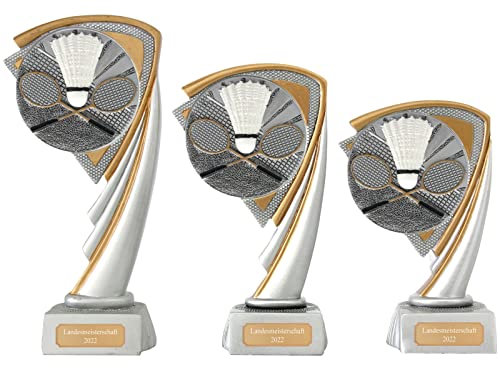 Druckspezialist Federball Pokal Pokalset CROZON Badminton Trophäe mit Gravur (S - 14,5 cm)